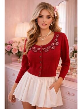 Knitted Dove Red Beaded Cardigan Sweater Womens L Cropped Preppy Coquette Boho